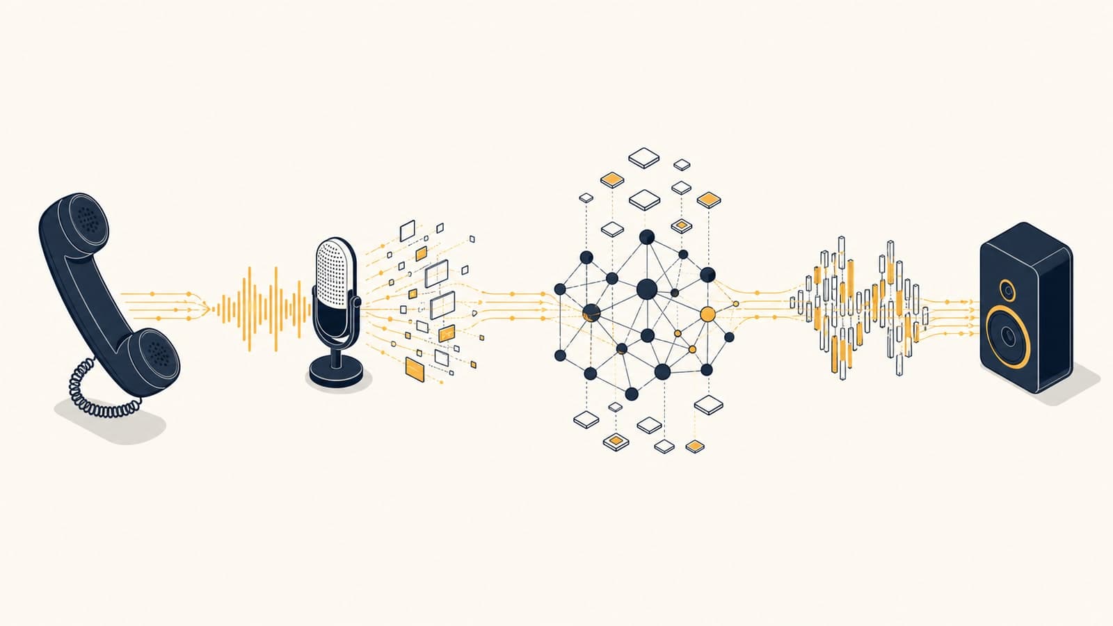 Architektur-Diagramm der vier Schichten: Telefonhörer, Mikrofon mit Wellenform (STT), neurales Knoten-Cluster (LLM), Wellenform mit Lautsprecher (TTS), verbunden durch amber-goldene Datenströme