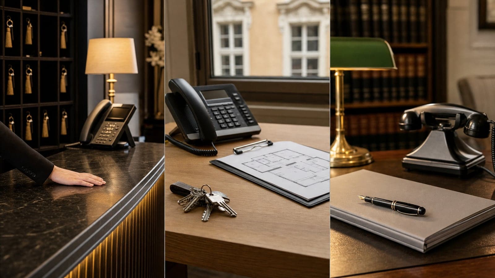 Triptychon dreier Branchen-Szenen: Hotel-Rezeption mit Schlüsselboxen, Hausverwaltungs-Schreibtisch mit Schlüsselbund und Wohnungs-Plan, klassischer Kanzlei-Schreibtisch mit grüner Banker-Lampe und Füller