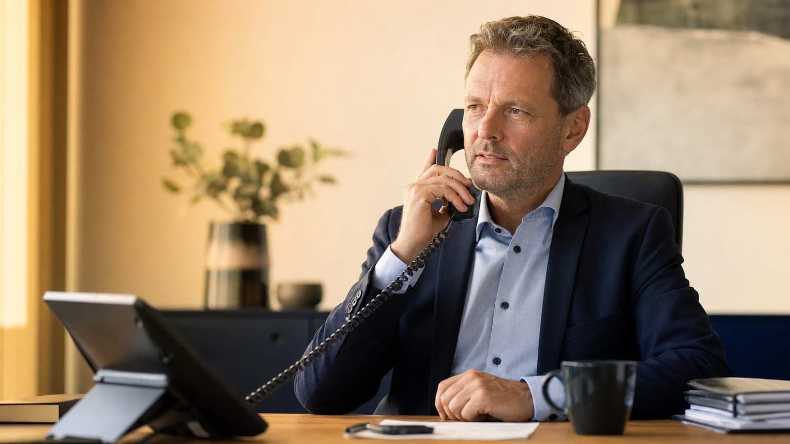 Mittelständischer Geschäftsführer im Anzug am modernen Tischtelefon, konzentriert im Gespräch, warm beleuchtetes Büro
