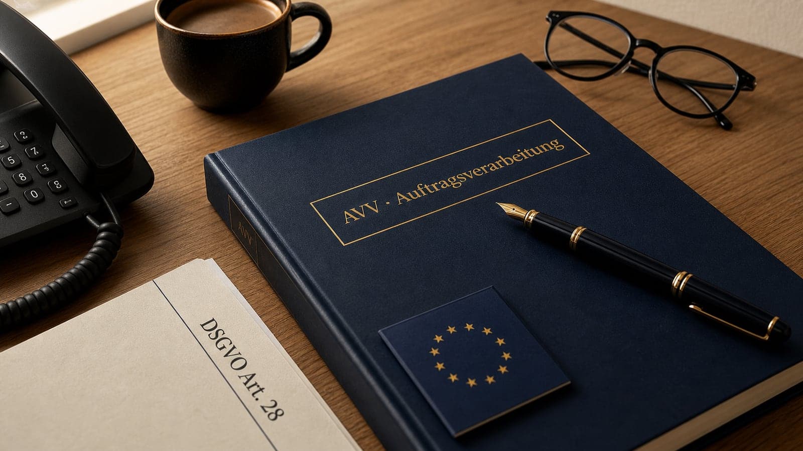 Schreibtisch-Stillleben: Navy Aktenordner mit Goldprägung „AVV · Auftragsverarbeitung“, daneben Dokument mit Aufschrift „DSGVO Art. 28“, EU-Flaggen-Booklet, Füller, Brille und modernes Tischtelefon