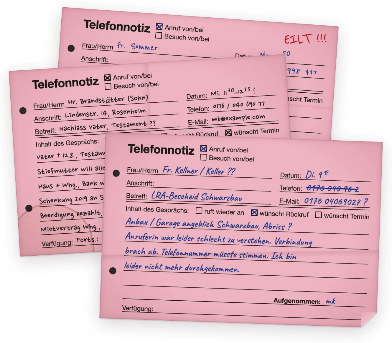 Drei rosa Telefonnotizen übereinander: ein Name mit Fragezeichen, eine korrigierte Nummer, „EILT !!!“.